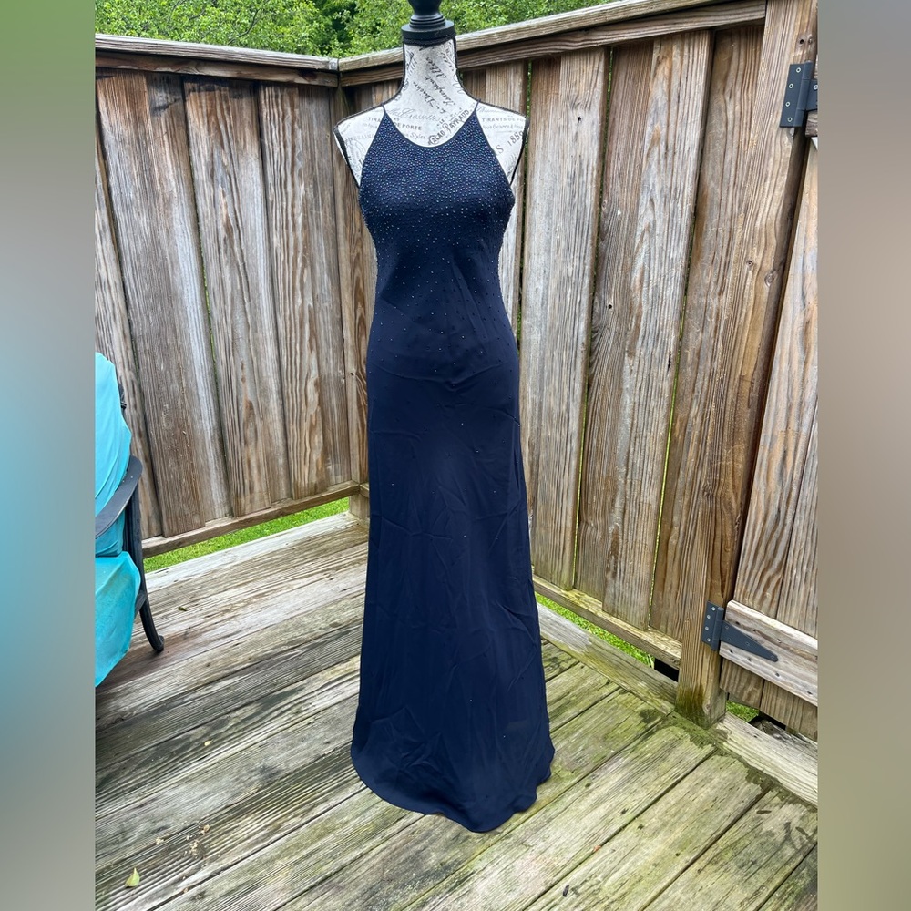 Elegant Navy Blue Evening Dress Floor Length - Picture 1 of 9